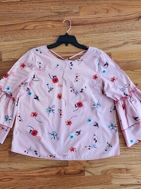 LOFT Pink & Red Floral Pinstripe Tiered Bell Sleeve Blouse – Size M